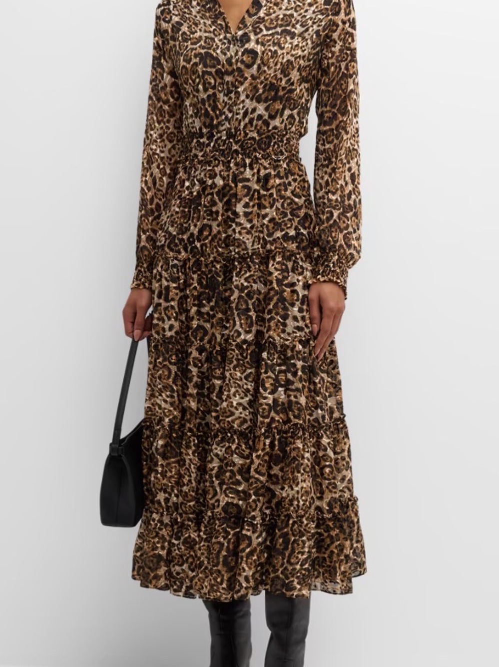 Elie Tahari Brown Leopard Print Tiered Midi Dress